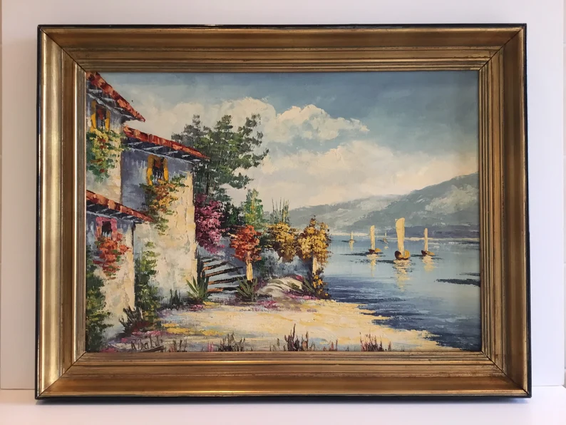 Vintage Marine Painting | Rinaldi 1950s Sicilian Landscape, Akoun Catalog Italian Artist — photo 7 of 8